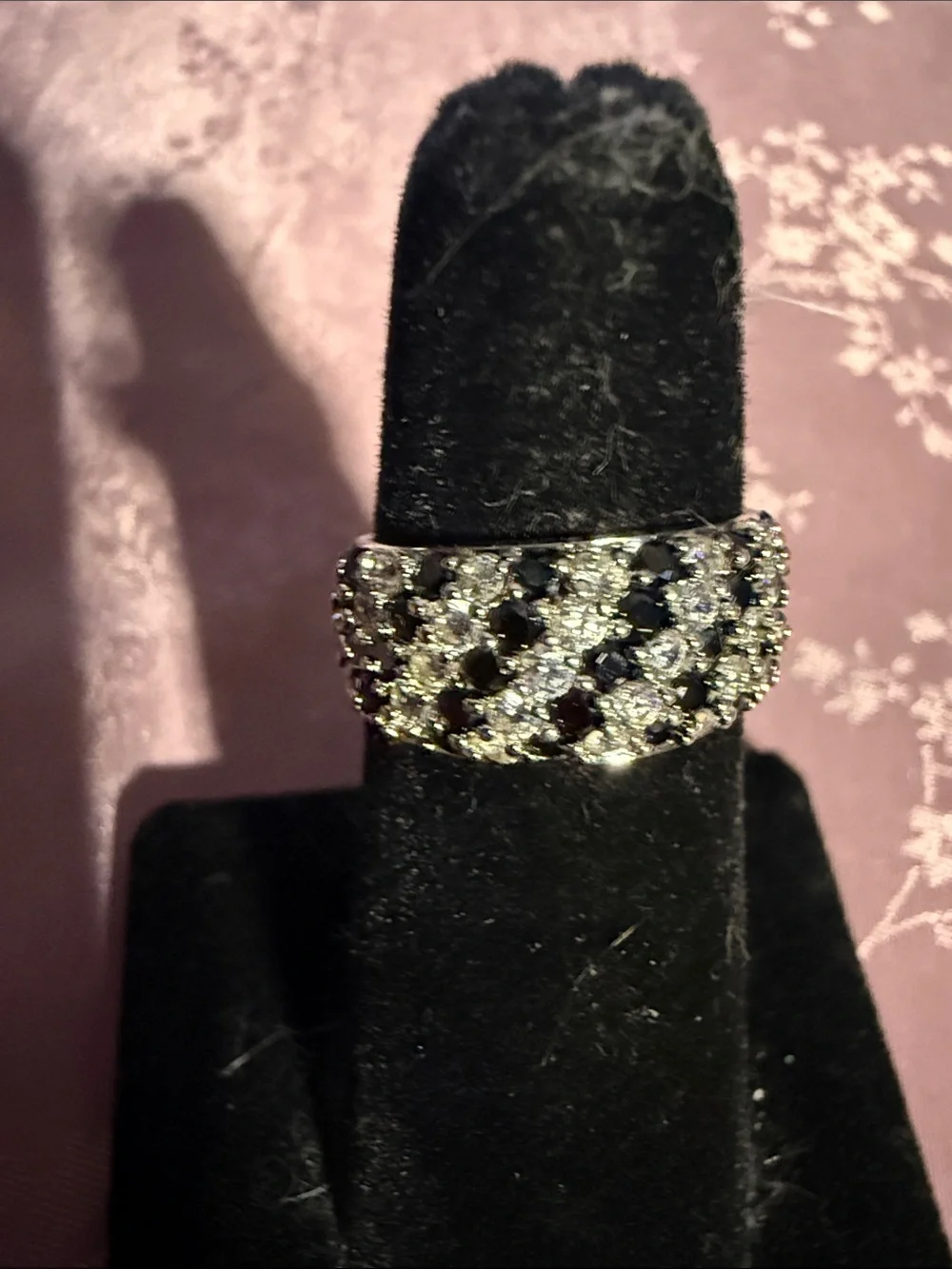 Silver Band Ring with Black and Clear Stones - Women Jewelry